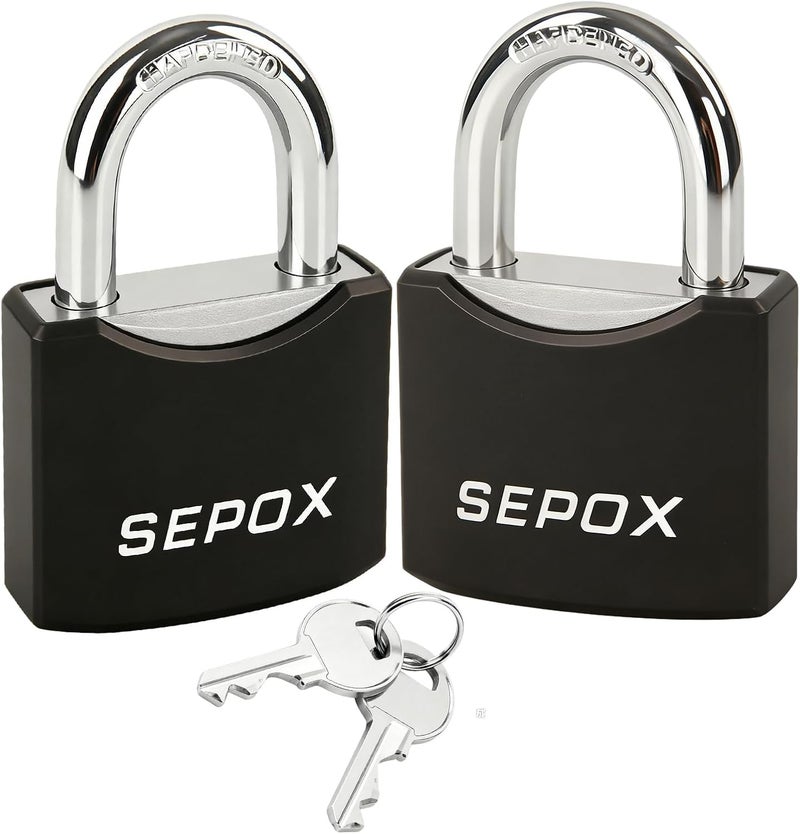SEPOX ® 2Pcs 1-9/16" All-Weather Outdoor Padlocks Keyed Alike, Cut-Proof Shackle, Solid Steel Lock, Heavy-Duty with Black Cover, Design for Gate Fence Cabinet Toolbox School Gym Locker with Same Key - Image 1